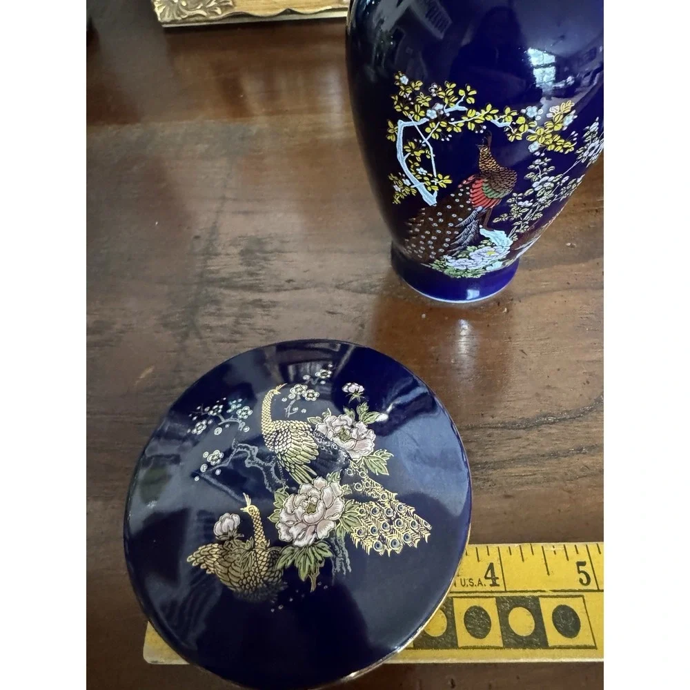 Vintage Japanese Cobalt Blue Peacock Porcelain Vase & Lidded‎ Trinket Box Set